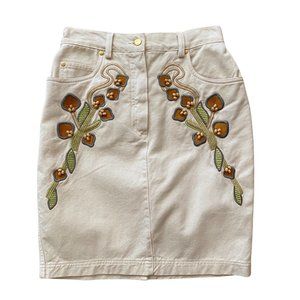 Vintage 90s Mondi Floral Embroidered Floral Beaded White Jean Skirt